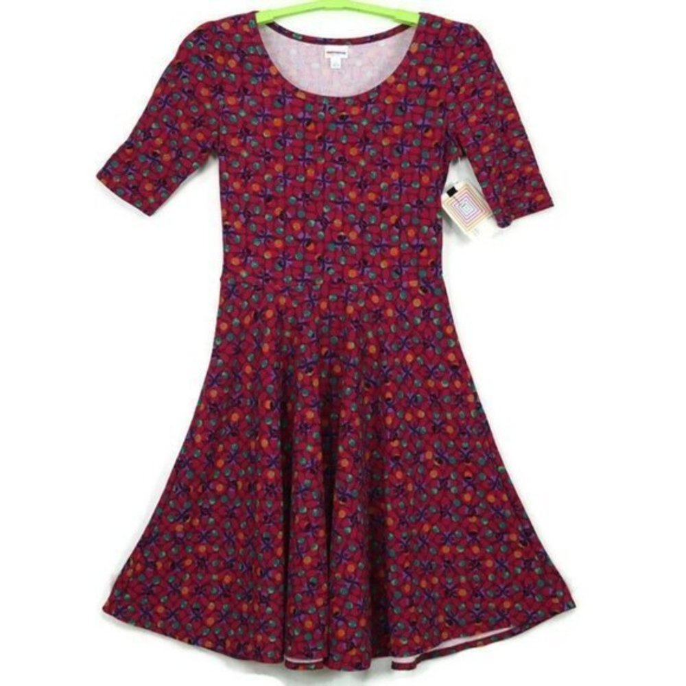 LuLaRoe Nicole Fit & Flare A-Line Dress Pink Purple Green Orange‎ L Large